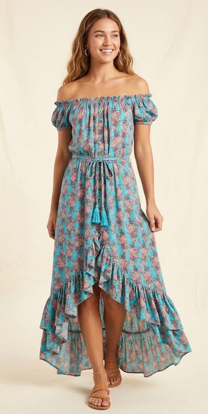 Tiare Hawaii Rivera Off Shoulder Maxi Dress Turquoise Multicolor Floral One Size